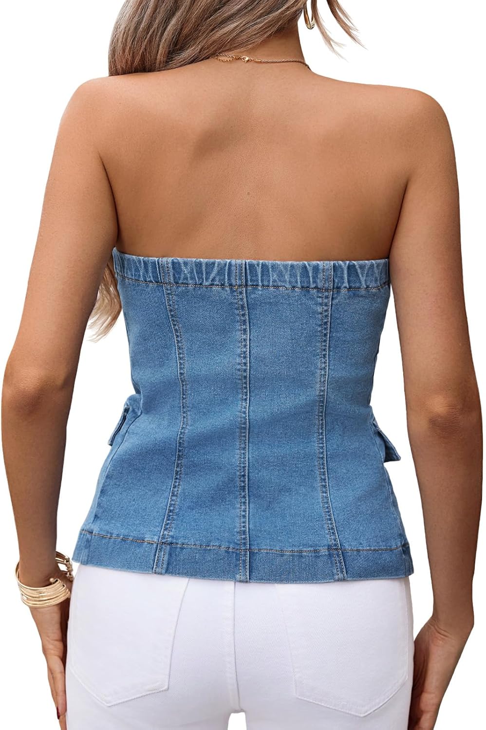 Cicy Bell Womens Strapless Vest Summer Button Down Jean Tube Tops Y2k Going Out Fitted Bandeau Shirts Waistcoat (US, Alpha, X-Large, Regular, Regular, Light Blue) - Image 4