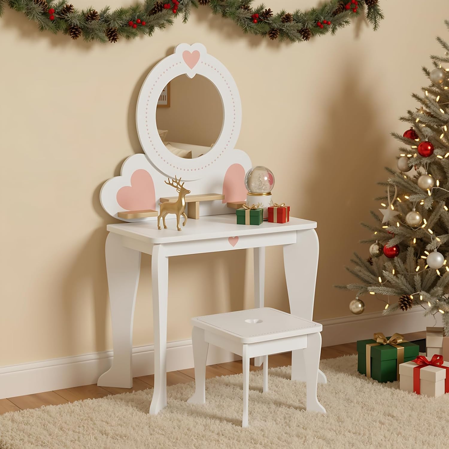 Arlopu Kids Vanity Table and Chair Set, Toddler Pretend Play Dressing Makeup Table with 8 Pcs Accessories, Open Shelves, Mirror&Stool, 2-in-1 Convertible Princess Wooden Toys for Little Girls (White)