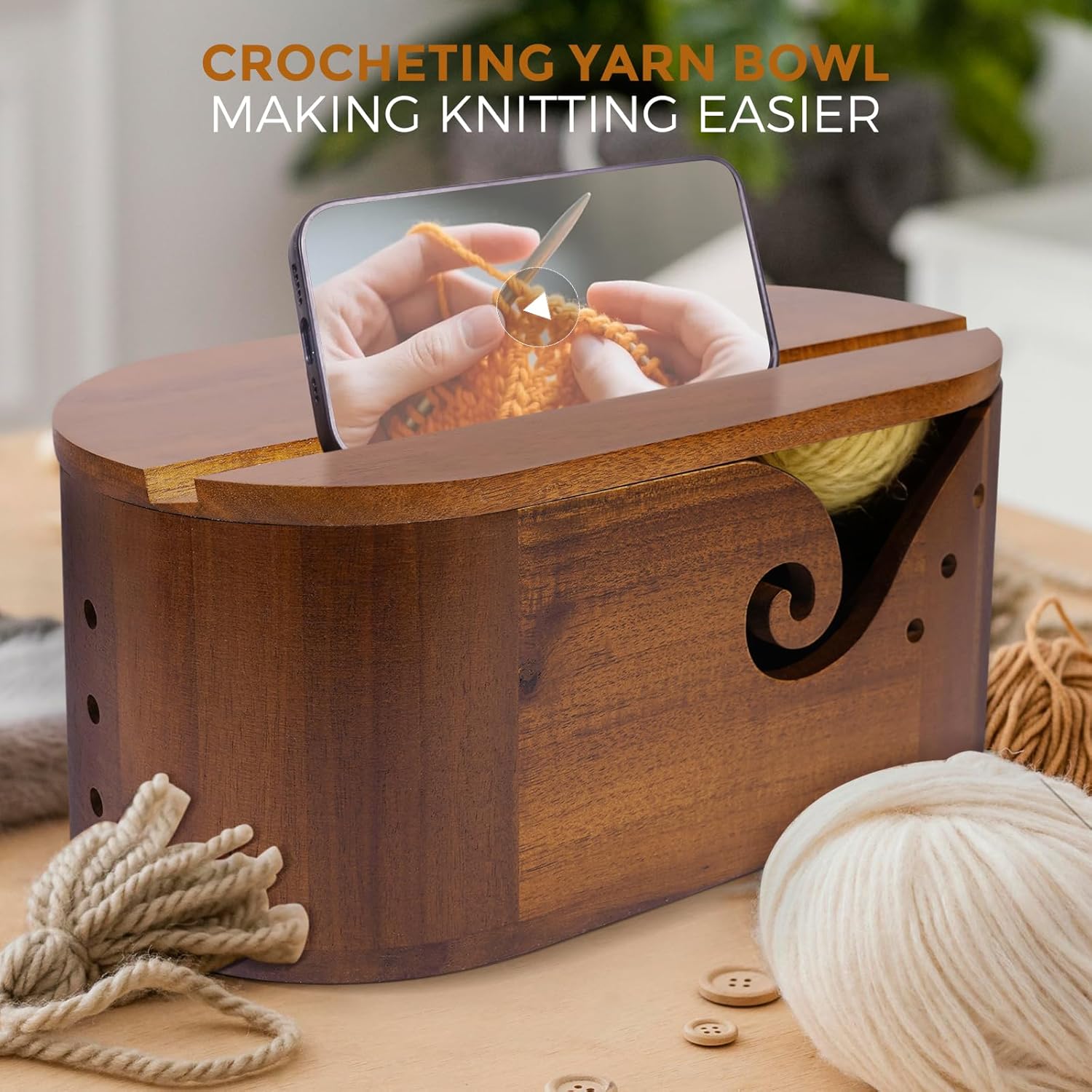 Miglaja Yarn Bowl - Large Size Wooden Yarn Holder, Smooth Crochet Bowl with 9pcs Knitting Hooks Yarn Bowls for Crocheting Yarn Storage (with LID)