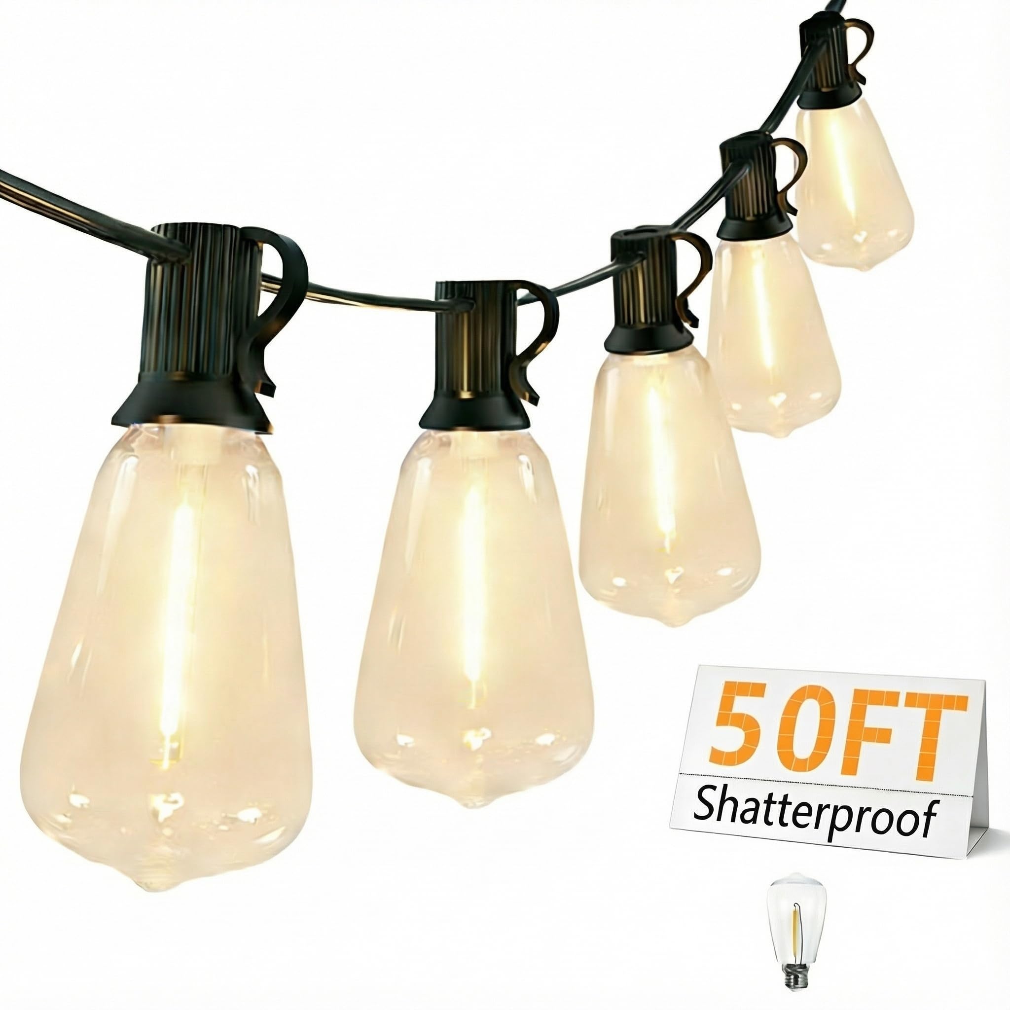 Guirnalda de luces LED para exteriores con 26 bombillas de plástico Edison de 50 pies (1 repuesto), luces colgantes impermeables para patio, porche, balcón, decoración de fiesta