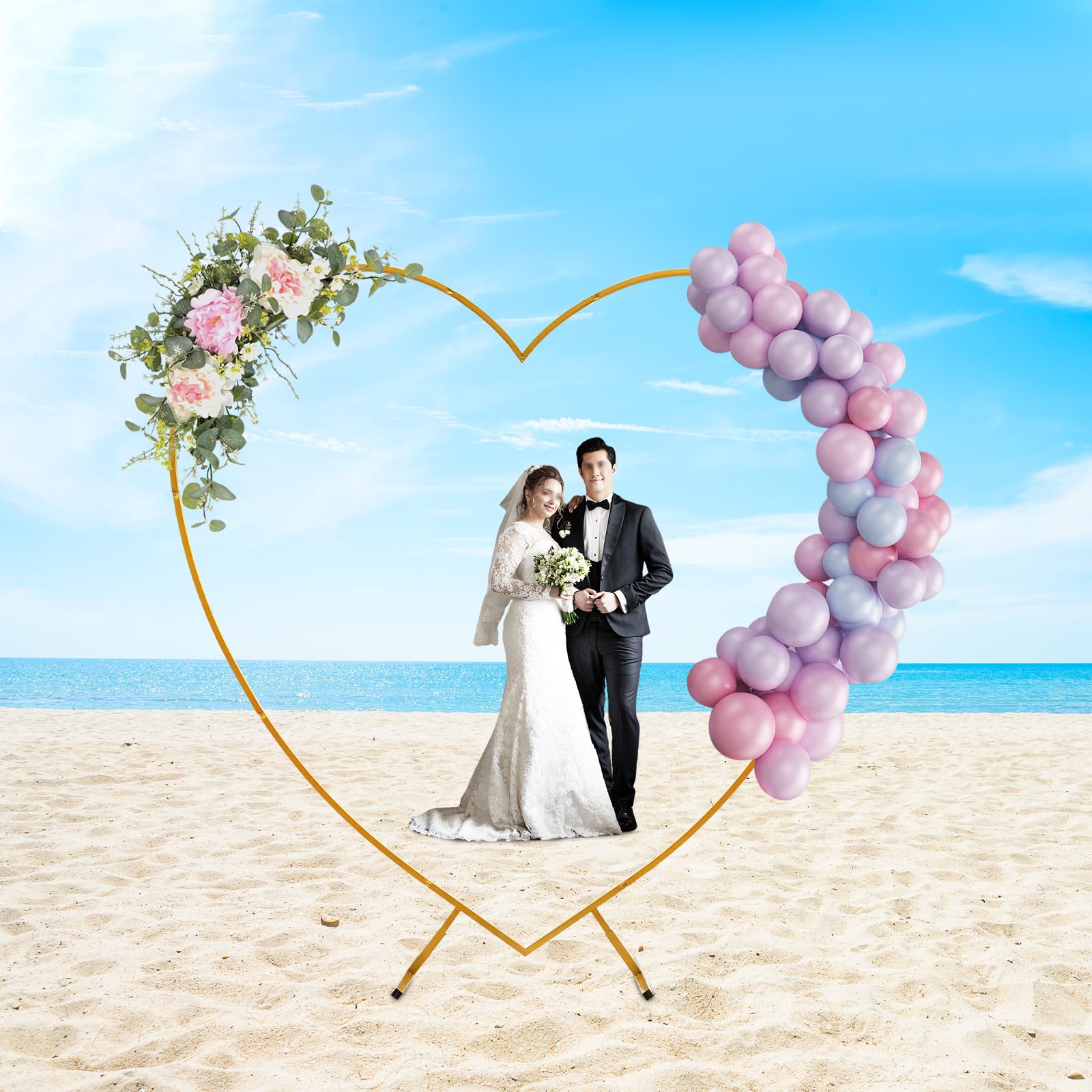 6.9FT Heart Shape Wedding Arch Gold Arch Backdrop Stand Flower Frame Stand Balloon Arches with Base for Party Proposal Supplies, Outdoor Garden