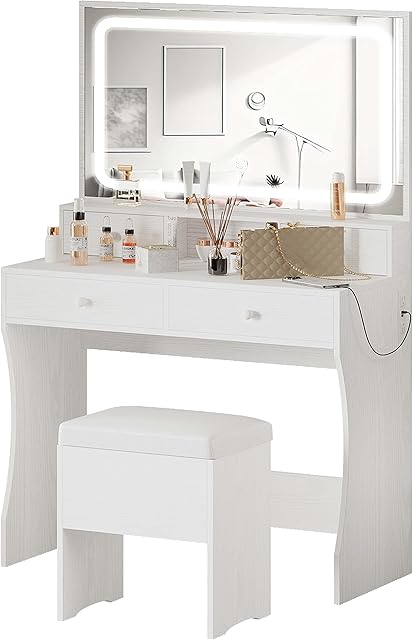 IRONCK Vanity Desk Set with LED Lighted Mirror & Power Outlet, Makeup Vanity Table with 4 Drawers,Storage Stool,for Bedroom, Bathroom, White