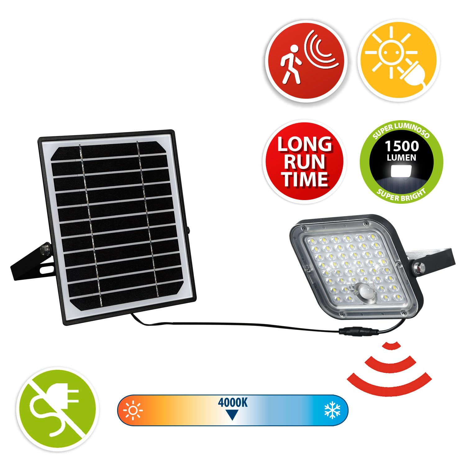 Velamp Cube Faretto LED Solare 1500 lm – Sensore Movimento, Modalità Automatica, Pannello Remoto 5 m, IP65, Luce Esterna per Portico, Ingresso, Giardino