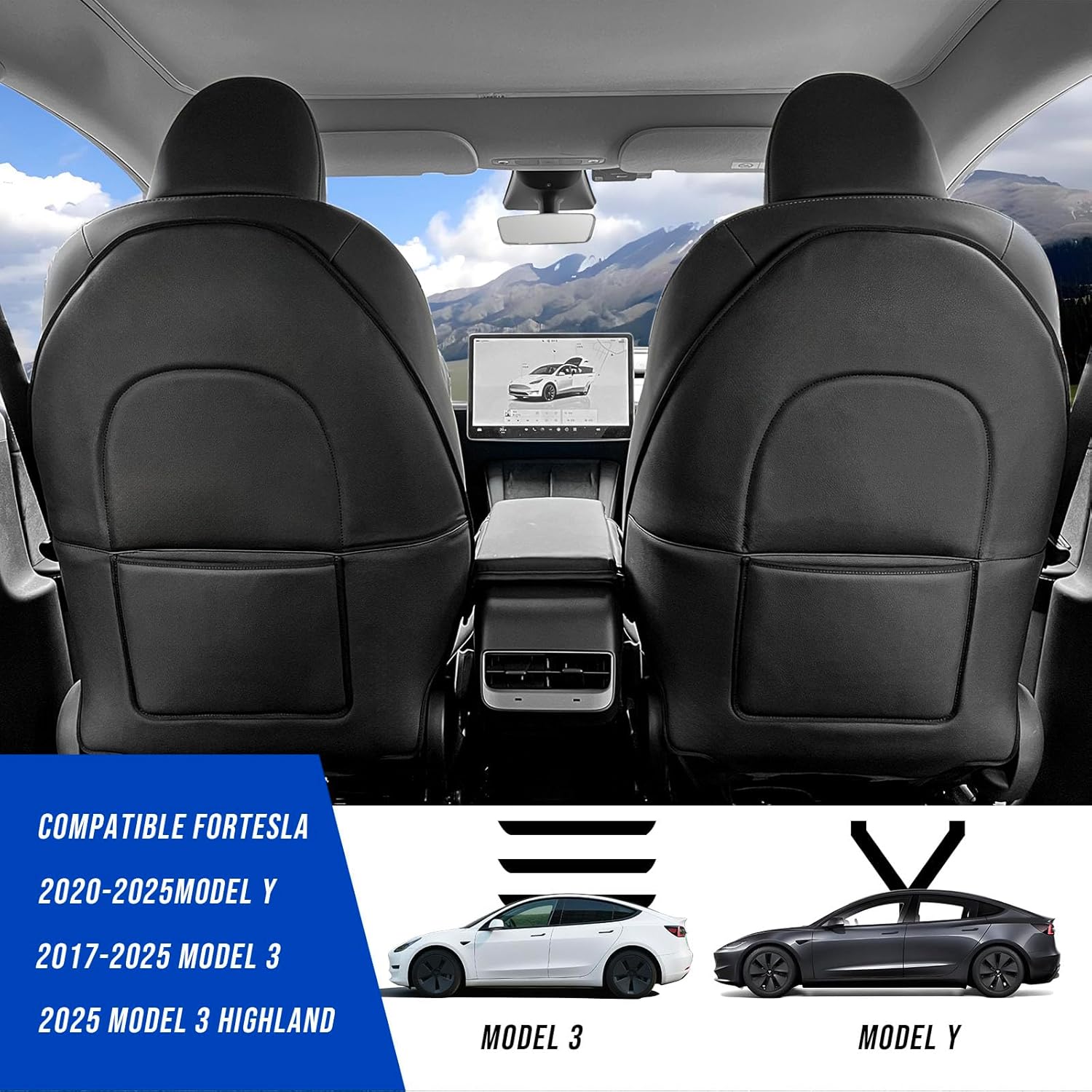 Automotive Seat Back Protector for Tesla Model 3/Y (2017-2025) - Waterproof Leather Kick Mat with Storage Pocket