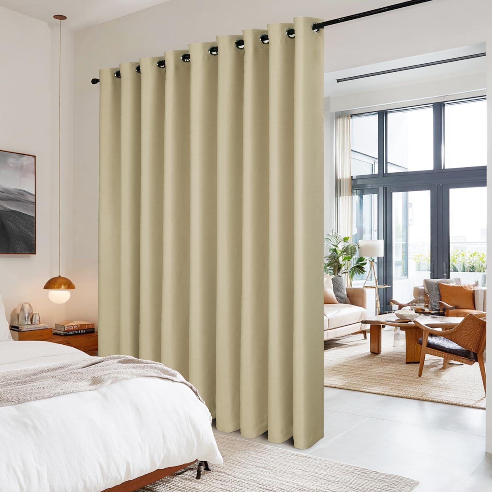 Hiasan Raumteiler Vorhang Blickdicht Thermovorhang, H243 x B254cm, Beige | Gardine Schallschutz mit Ösen, für Schlafzimmer Büro, Privatsphäre Verdunkelungsvorhänge, 1 Stück