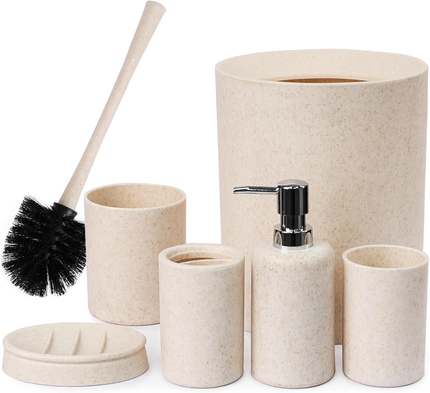 CERBIOR Bathroom Accessories Set 6 Piece Wheat Straw Bath Ensemble Includes Soap Dispenser, Toothbrush Holder, Toothbrush Cup, Soap Dish for Decorative Countertop and Housewarming Gift (Beige)