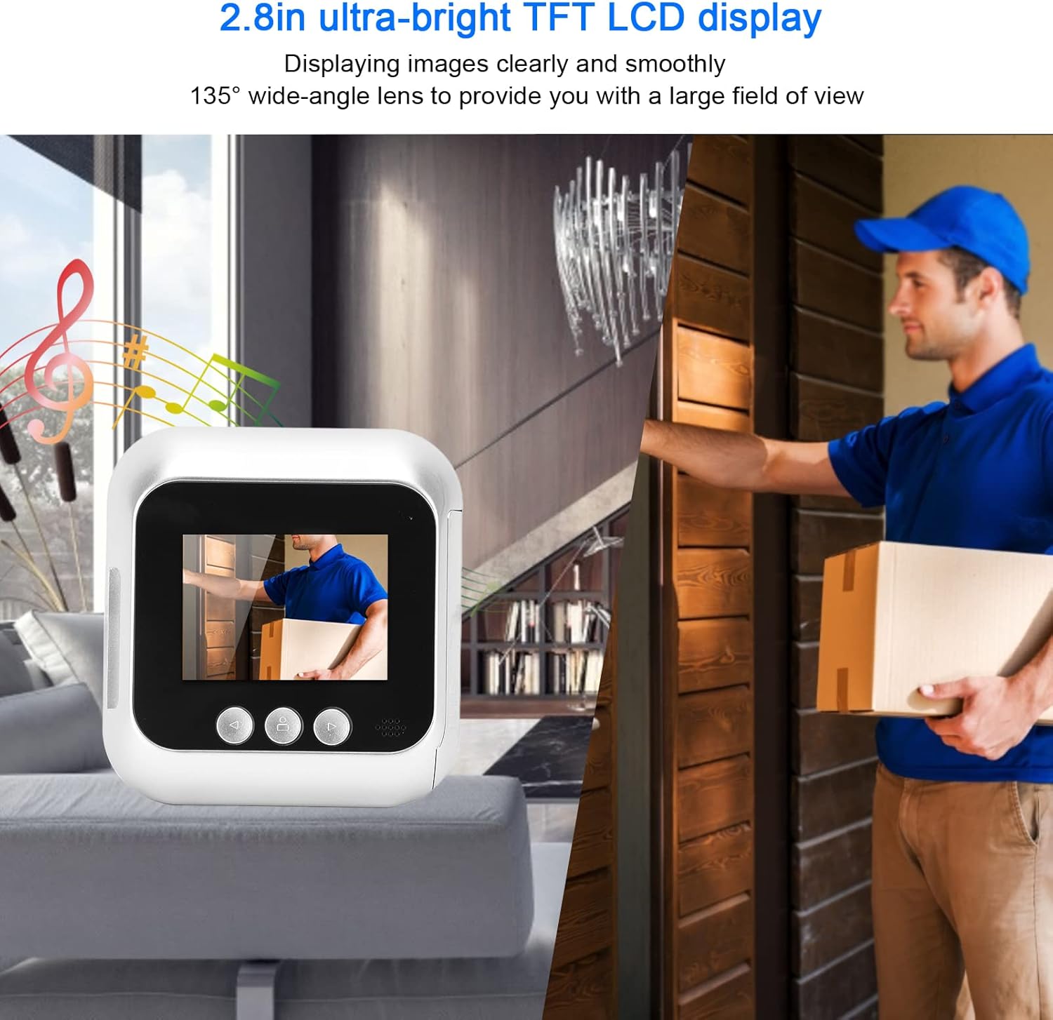 Smart Doorbell Peephole, 135° Wide Angle Night Vision Function Doorbell Viewer with 4 LED Lights, 2.8in 720P LCD Diaplay 4AAA Battery (Without) for Household DC 5V
