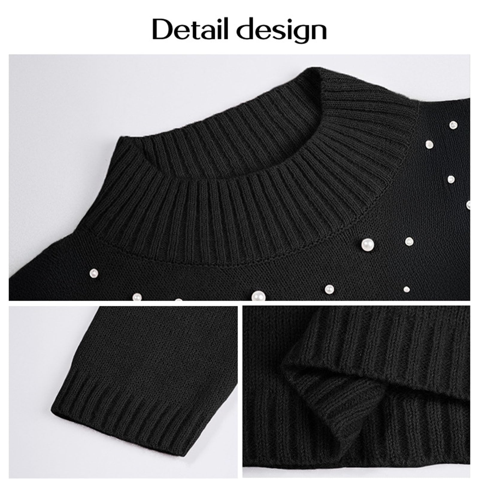 Vestido de Punto de Cuello Alto para Mujer con Adornos de Perlas, Vestido Ajustado de Manga Larga, Elegante Jersey de Punto Ajustado