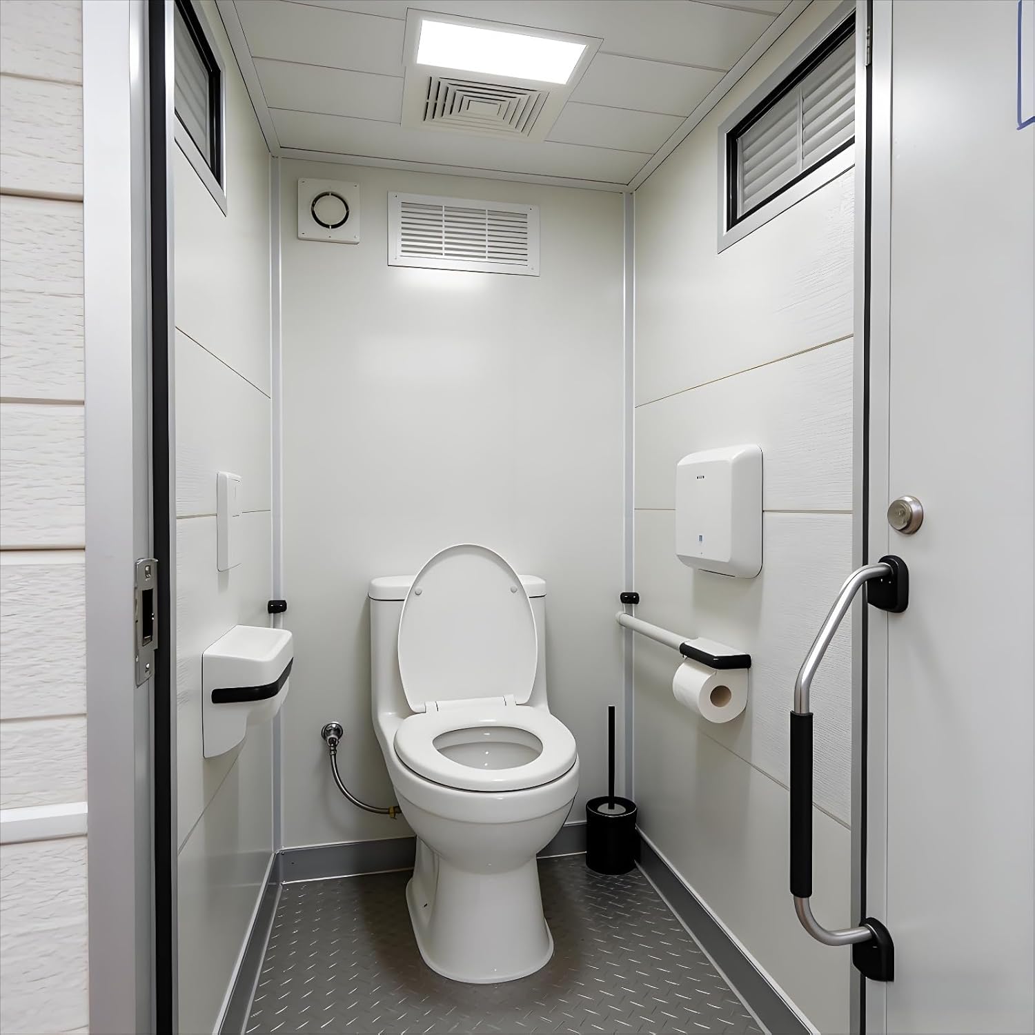 Construction Site Portable Toilet Jobsite Portable Restroom, Commercial Flushing Mobile Toilet with Sink, Multi Stall Towable Restroom Trailer for Work Sites Building Projects Industrial Use