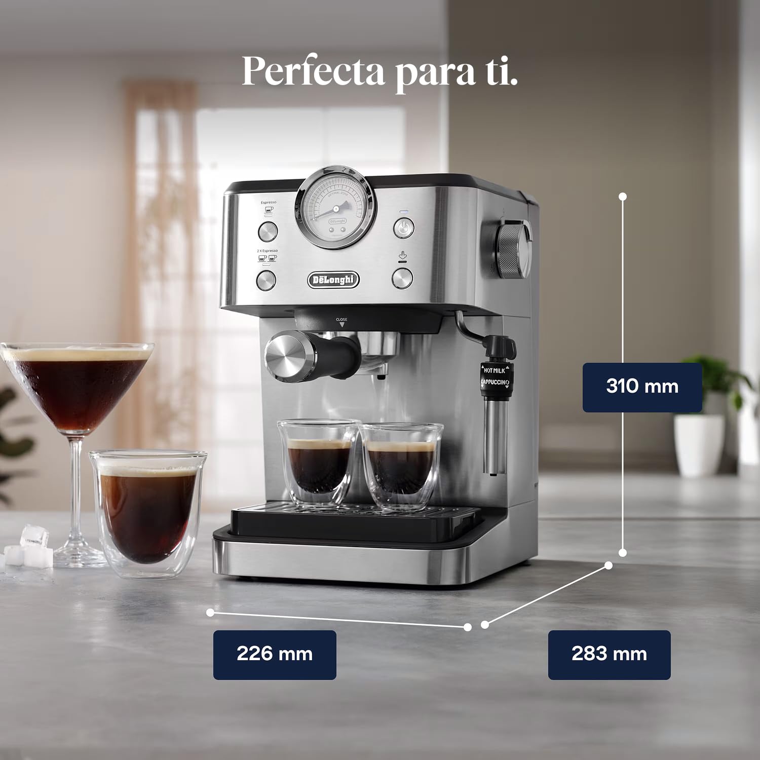 De'Longhi Classic EM450.M, Máquina Café Manual con Varilla Vapor, Máquina Espresso con Bomba Barista, Boquilla para Capuchino, Filtro Doble Pared, 15bar, Taza Hasta 13cm, Acero Inoxidable/Metal — view 7