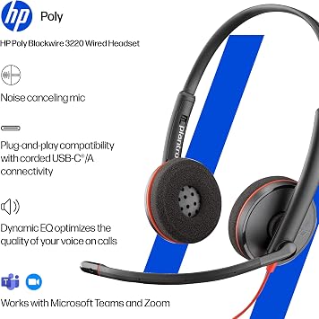 Poly Blackwire 3220 Kablolu Kulaklık (Plantronics) - Gürültü Önleyici Mikrofon - Stereo Tasarım - USB-C veya USB-A ile PC/Mac'e bağlanın - Ekiplerle Çalışır, Yakınlaştırma -