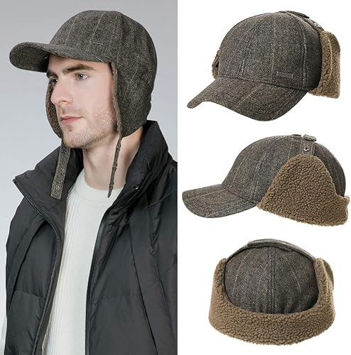 Miniatura 10 de Jeff & Aimy Gorra de béisbol unisex de invierno con orejeras trampero de caza, sombrero de esquí, 21.3-24.4 in