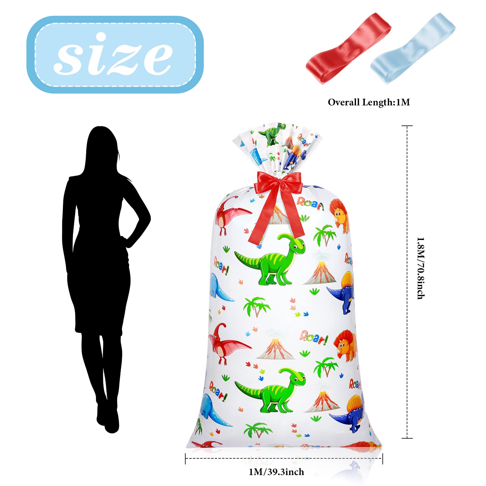 Teling 2 Pcs Large Dinosaur Plastic Gift Bags 70"x 40" Oversized Plastic Storage Bags with 2 Rolls Ribbons for Birthday Party, New Parents Shower, Bicycle Bike, Holiday