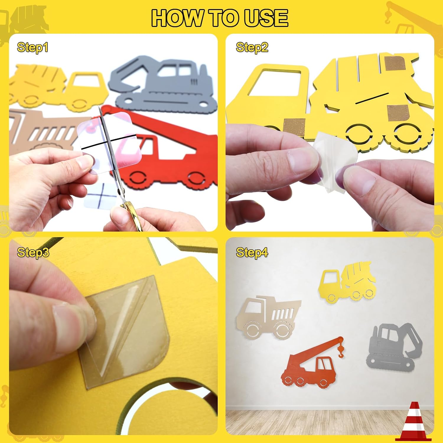 Construction Vehicles Nursery Decor Room Decor, Wooden Car Transportation Wall Decor for Nursery, Playroom, 4 PCS