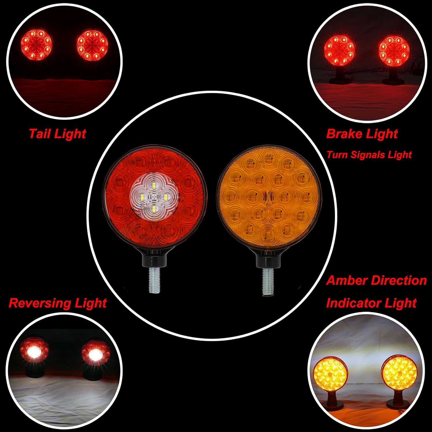 4" Round Dual-Face LED Pedestal Light Amber Red White Tail Stop Turn Signals Reversing Backup Lamp For Trailers Under 80" Boat Truck Camper RV Double Lights