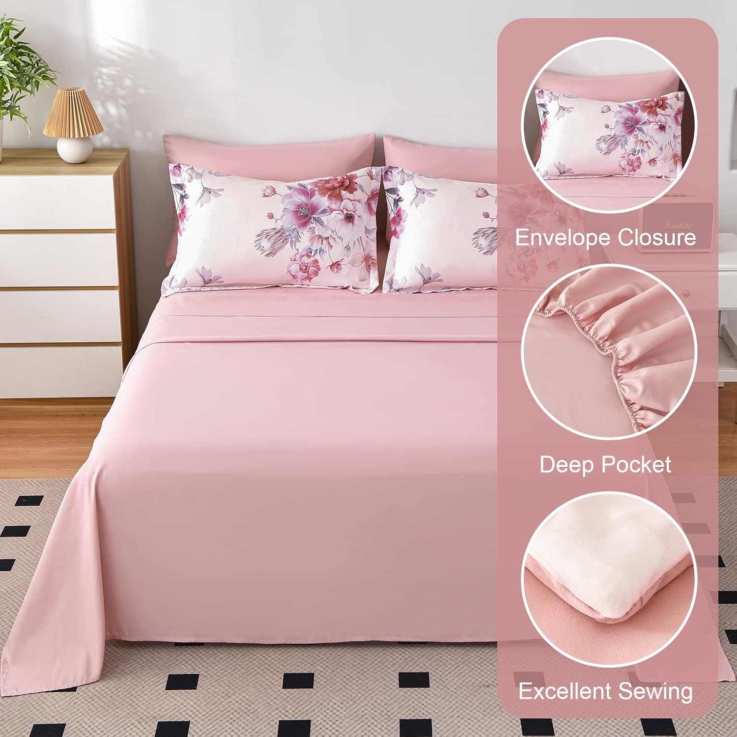 Floral Comforters Queen Size 7 Pieces Botanical Pink Bed in a Bag Ulter Soft Microfiber Bedding Set, Lightweight Bed Comforter Set with Sheets for All Season (Pink, Queen) - Image 4