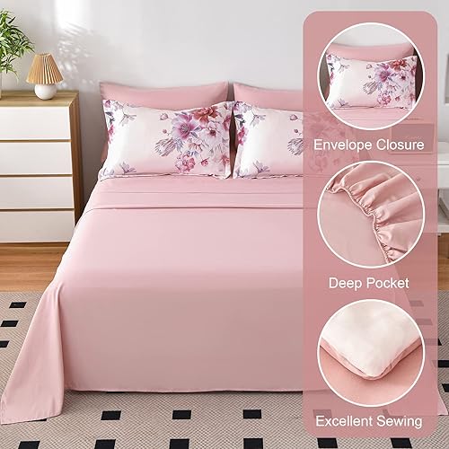 Miniatura 4 de Juego de edredón floral de 7 piezas en una bolsa, juego de edredón suave y ligero de microfibra con sábanas (rosa, tamaño King)
