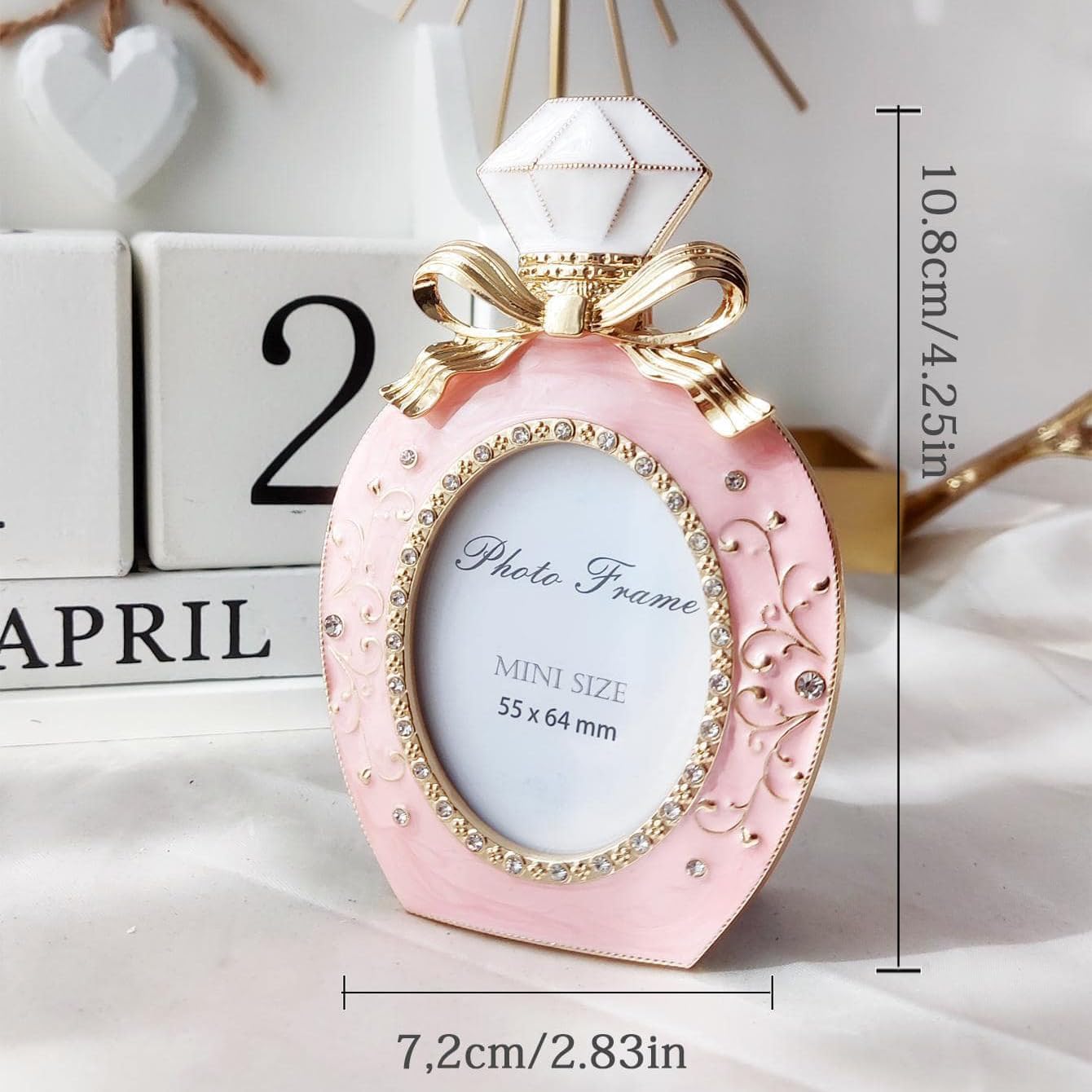 MINI Perfume Bottle Shaped Metal Photo Frame,Small Vintage Desk Decor,Unique Idear,Perfect for Displaying Pictures,Great for Birthdays or Holidayl (Pink) image 2