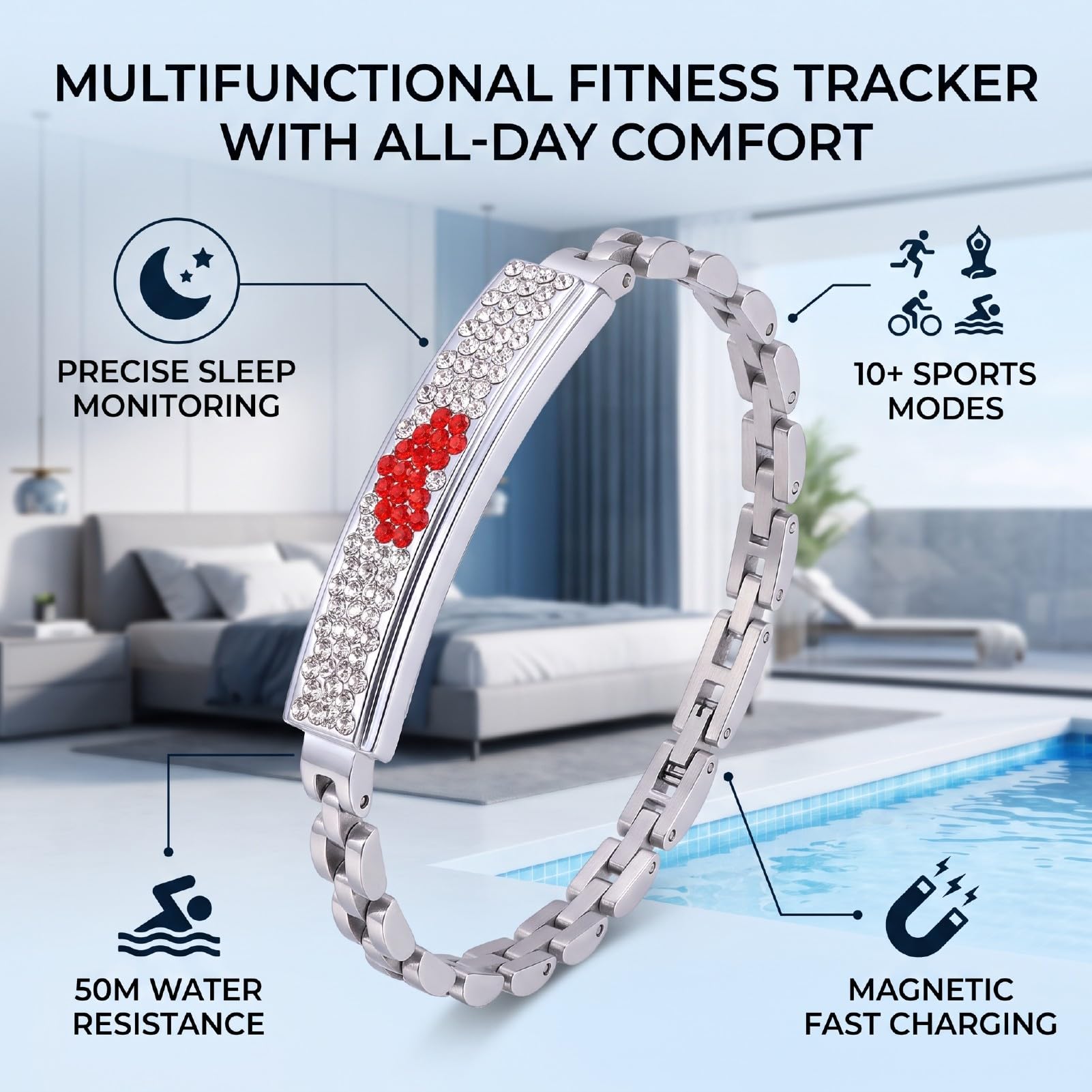 Pulsera Inteligente, Monitor de Actividad, 50 M Impermeable, 160 KB ROM, 64 KB RAM, for Uso Diario y Deporte