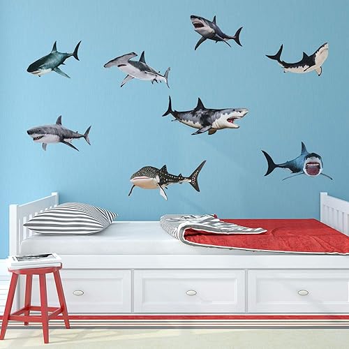 Miniatura 2 de 8 calcomanías de pared de tiburones para despegar y pegar, calcomanías de pared de tiburones extraíbles, decoraciones de tiburones, criaturas