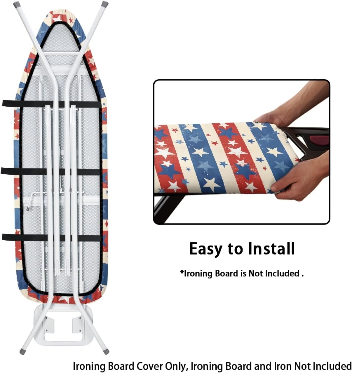 4th of July Ironing Board Cover, 16"x55" Standard Ironing Board Cover with Elastic Edge and Hook and Loop Fasteners, Scorch & Stain Resistant, Polyester Home Ironing Board Covers, Glowing Stars