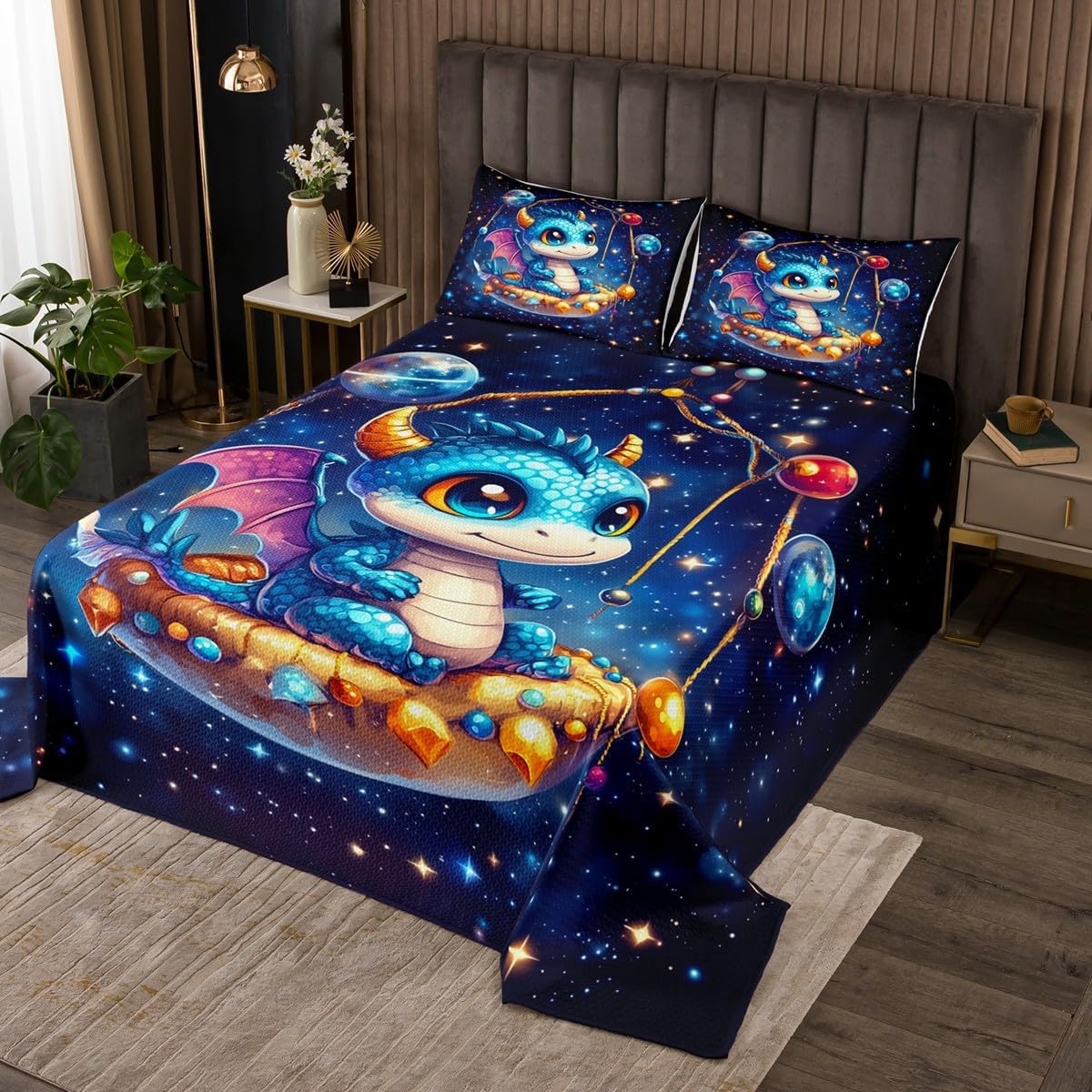 Cute Dragon Bedspread Twin Size,Blue Starry Sky Galaxy Bedding Sets for Kids Boys Girls Teens Room Decor,Magical Animals Comforter Set Bright Colorful Stars Reversible Quilt Coverlet 2Pcs