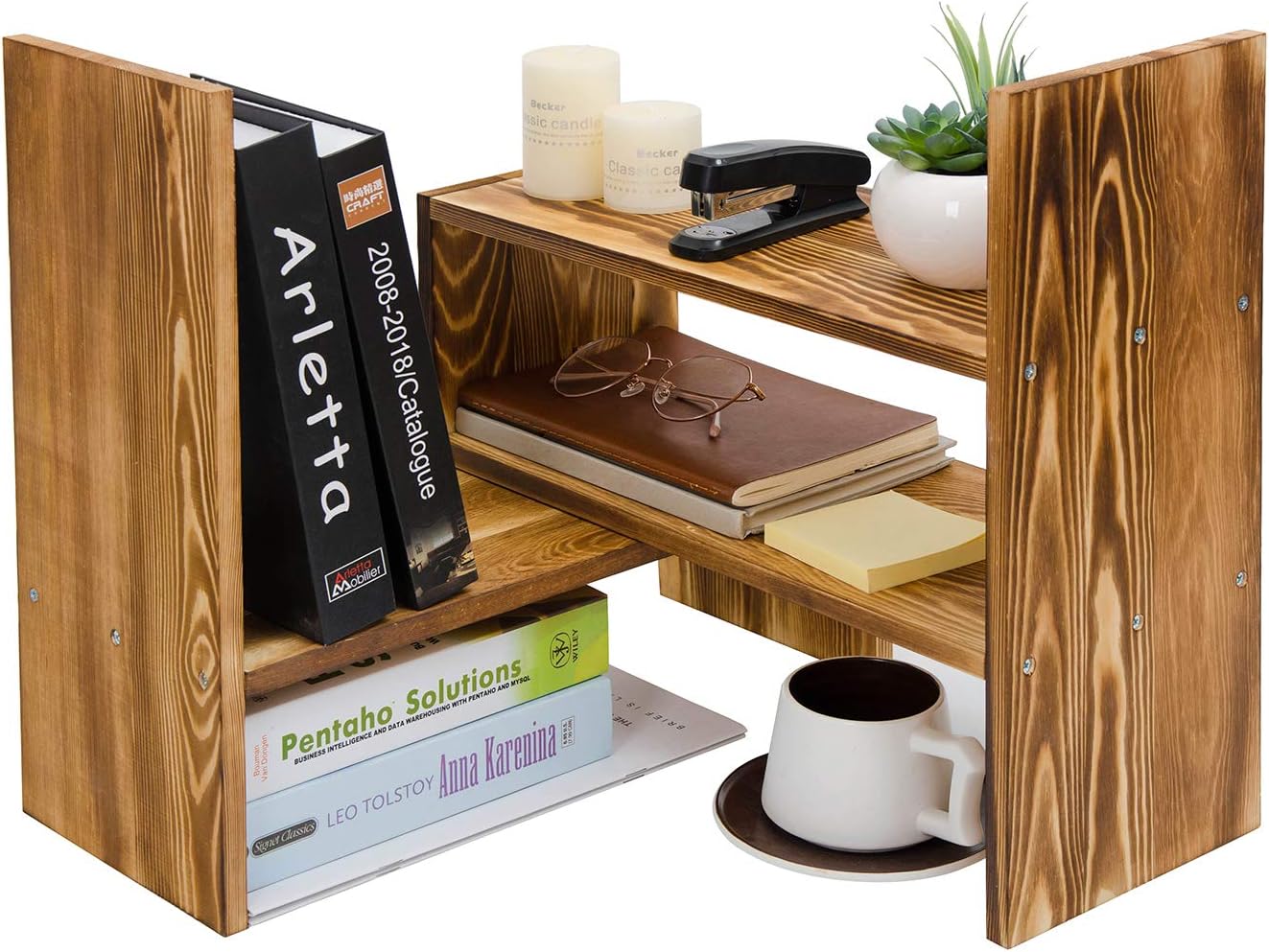 Adjustable Extendable Natural Wood Desktop Organizer Caddy Desk Organizer Countertop Shelf Bookcase Display Stand Rack Expandable Storage Office Home (Dark Brown)