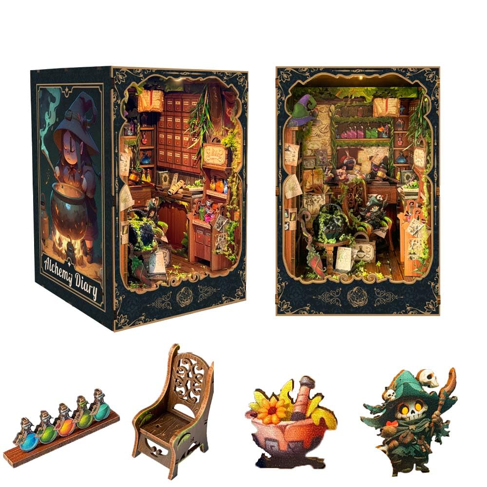 DIY Book Nook Kit for Adults and Teens 3D Wooden Puzzle Miniature Tiny House Dollhouse Kit Bookshelf Booknook Bookcase Model Build Gift Kit Decor with LED Light-Alchemy Diary(SQ-43)