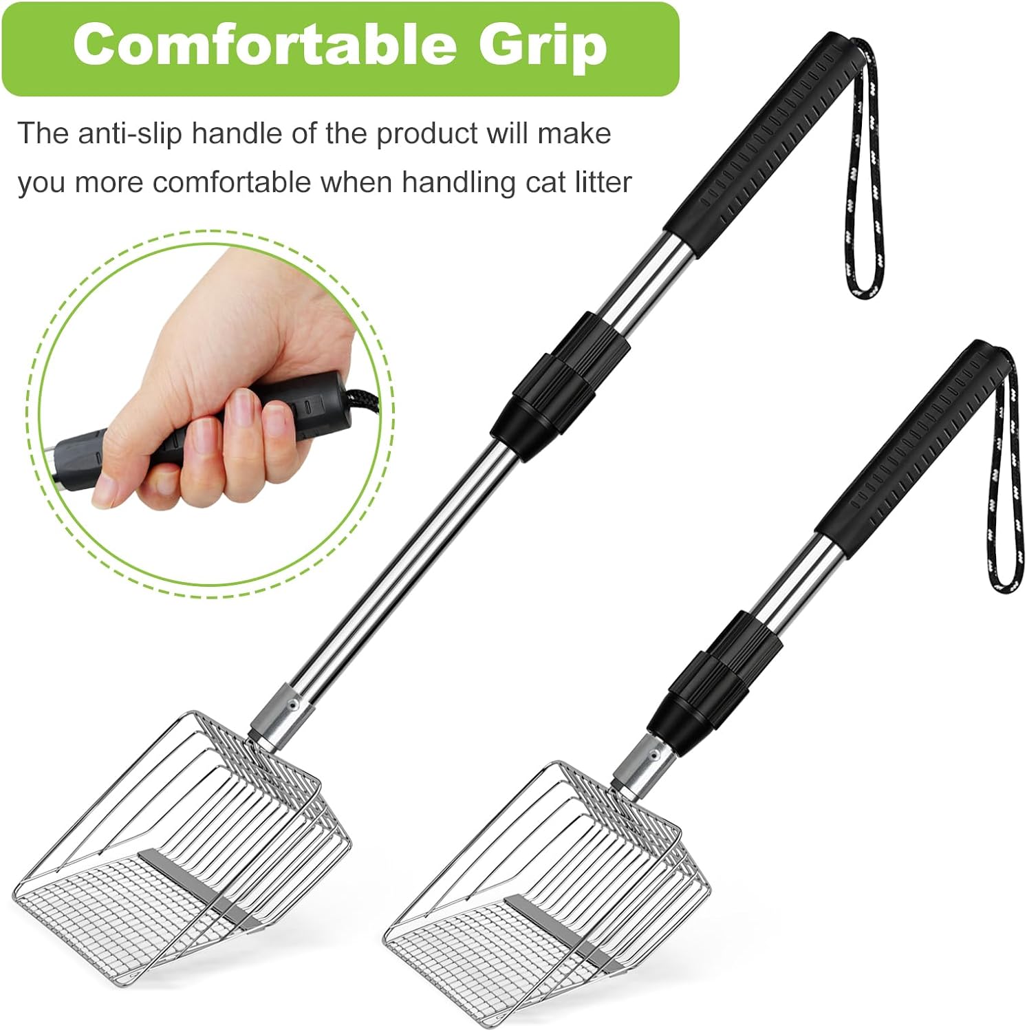 XBX Long Handle Cat Litter Scoop with Holder, Extendable Stainless Steel Cat Scooper, Adjustable Heavy Duty Deep Shovel Litter Sifter for Litter Box and Daily Use