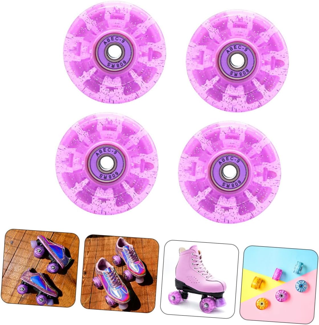 PRETYZOOM Glowing Roller Skate Wheels 4pcs Decorative Outdoor Skates Replacement Wheels for Inline and Quad Skating with Pink Purple Iridescent Design