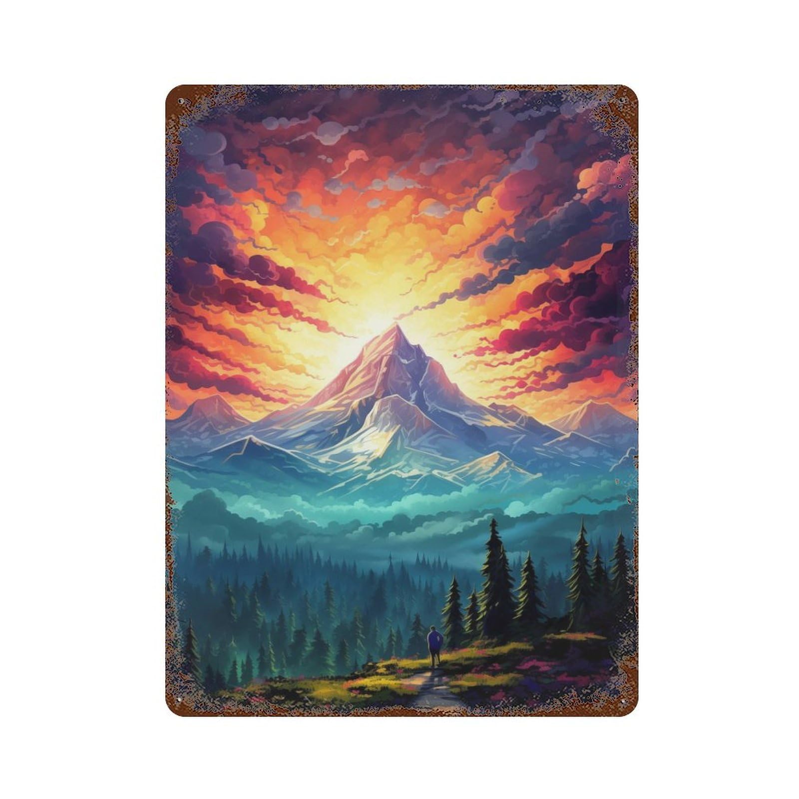 Epic Mountains Aurora Weathered Tin Sign 15.7"x11.8", for Patio, Garden Room And Bar Decor, Farmhouse Wall Decor