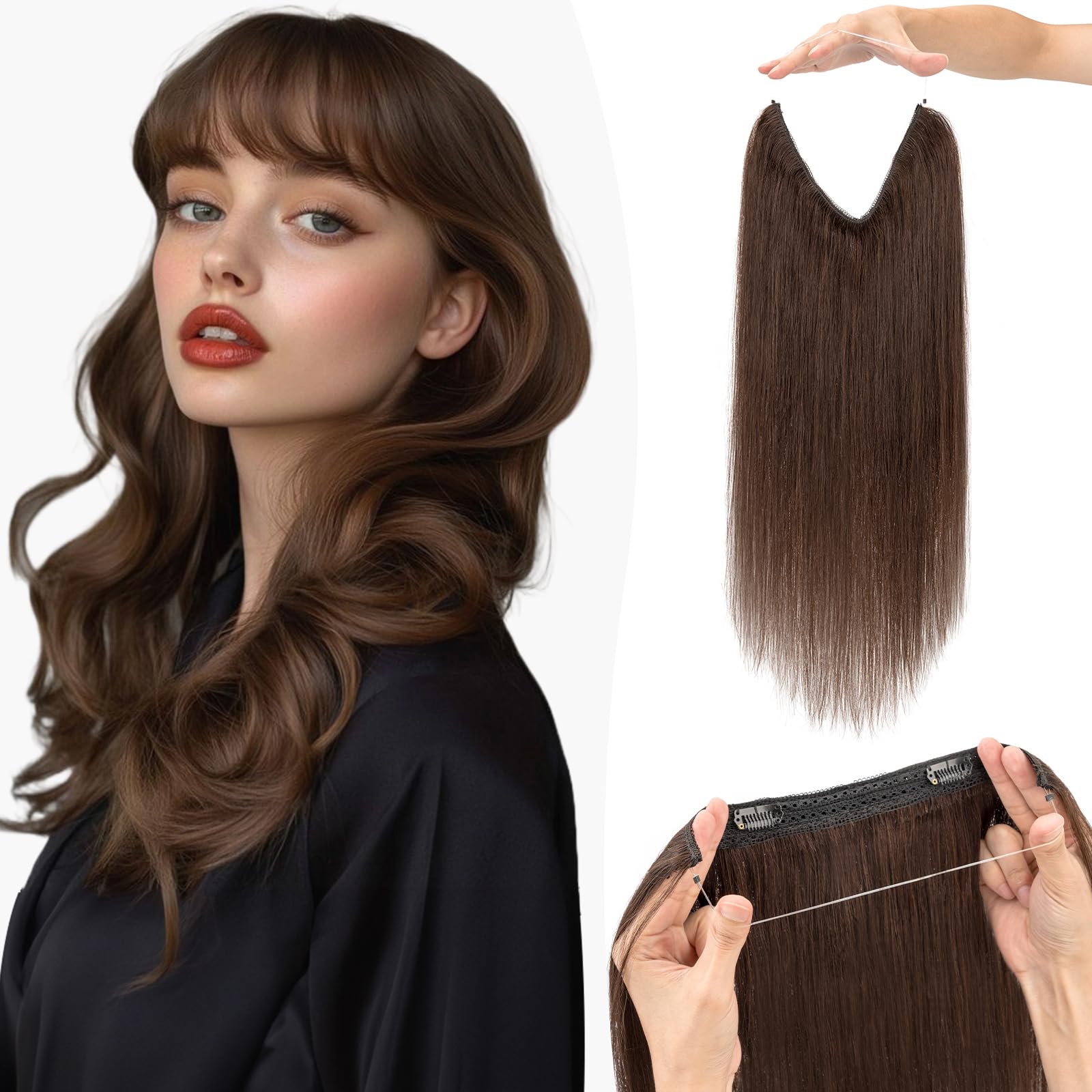 Benehair #2 Dark Brown Real Hair Secret Wire Extensions Remy Human Invisible Wire Hair Extensions with Clips Adjustable One Piece Straight 12 Inches (55g)