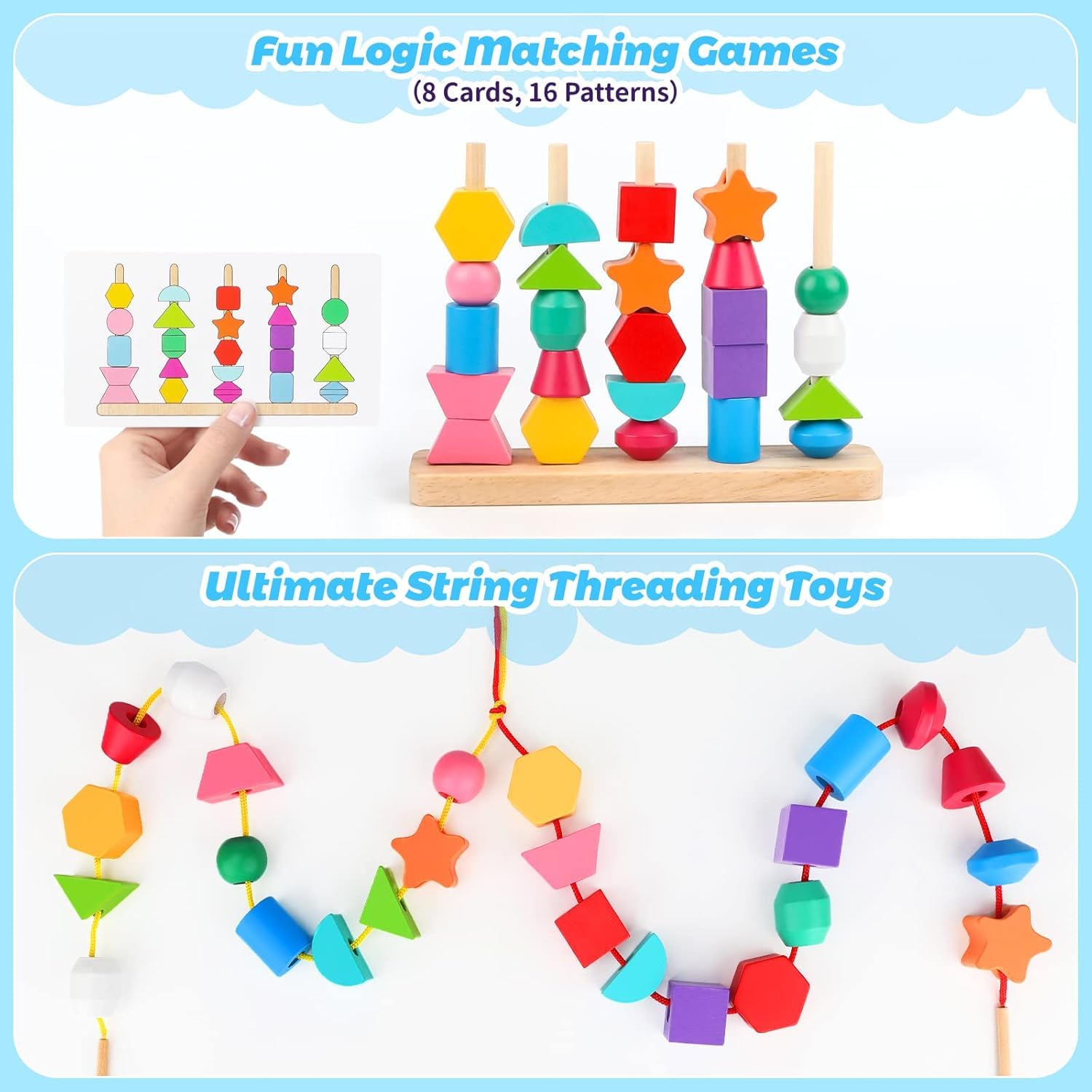 SHINETOY ENTERTAIN KIDS Kids Montessori Toys,Wooden Beads Sequencing Toy Set,Lacing Beads & Matching Shapes Colors Stacking Toy for 2-5 Year Old,Preschool Learning Fine Motor Skills Toys,40 Pcs - Image 8 thumbnail