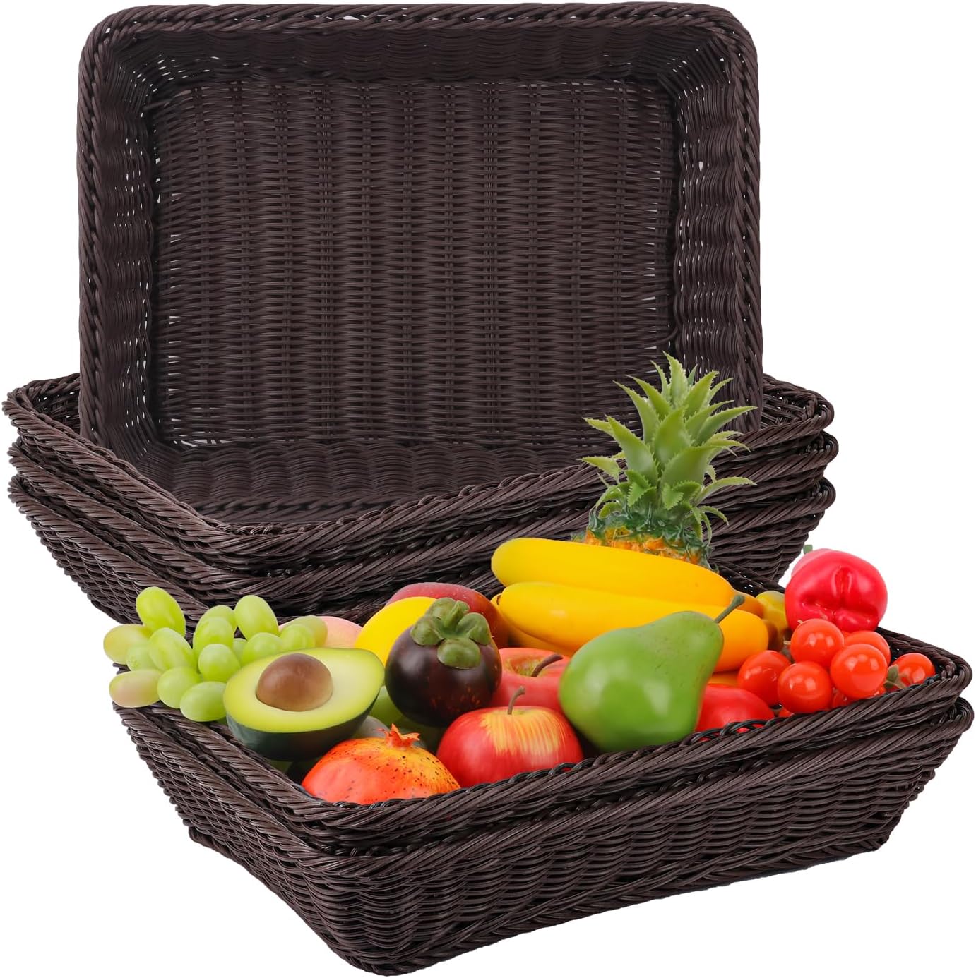 6 Pack 12 Inch Brown Poly Wicker Bread Baskets, Rectangular Wicker Bread Basket, Imitation Rattan Wicker Fruit Baskets for Table, Candies, Crackers, Fruit, Vegetables, Restaurant,Home Kitchen