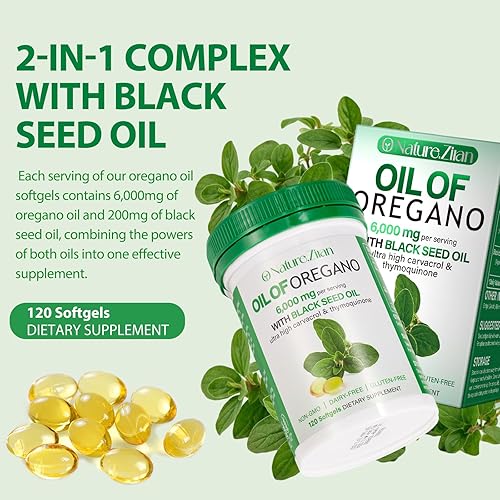 Miniatura 3 de Aceite de cápsulas blandas de orégano, suplemento de 4000 mg, 2 en 1 formulado con aceite de semilla negra, carvacrol fuerte y timoquinona  A base