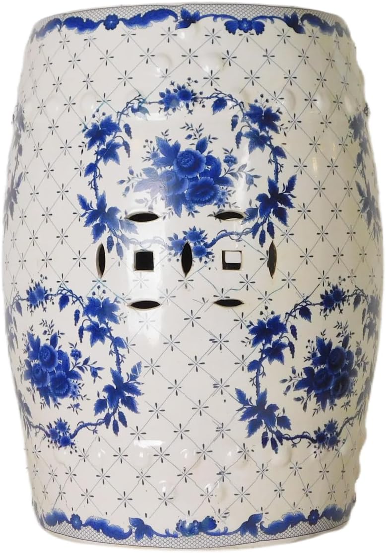 Blue and White Porcelain Garden Stool in European Floral Pattern