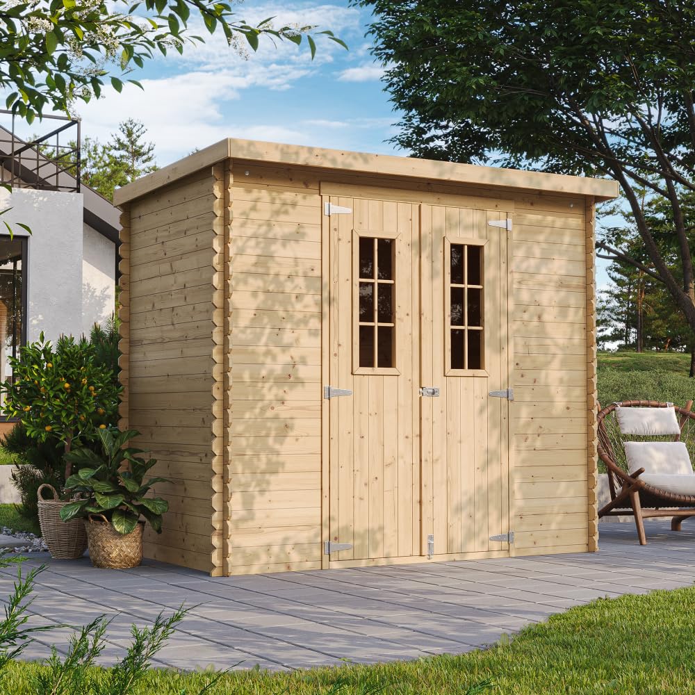Casa de Almacenamiento jardín con Suelo TRATADO 142x239x200 cm/2.63 m2 - Caseta para Exterior jardín - Cobertizo de Madera pequeño - Techo, Ventanas- TIMBELA M310C+M310G
