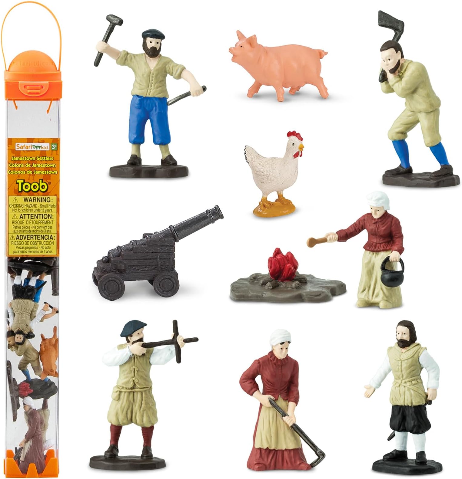 Jamestown Settlers TOOB - 10 Figurines: Sailor, Gardener, Blacksmith, Settlers, John Smith, Chicken, Pig, Cannon - Educational Toy Figures For Boys, Girls & Kids Ages 3+