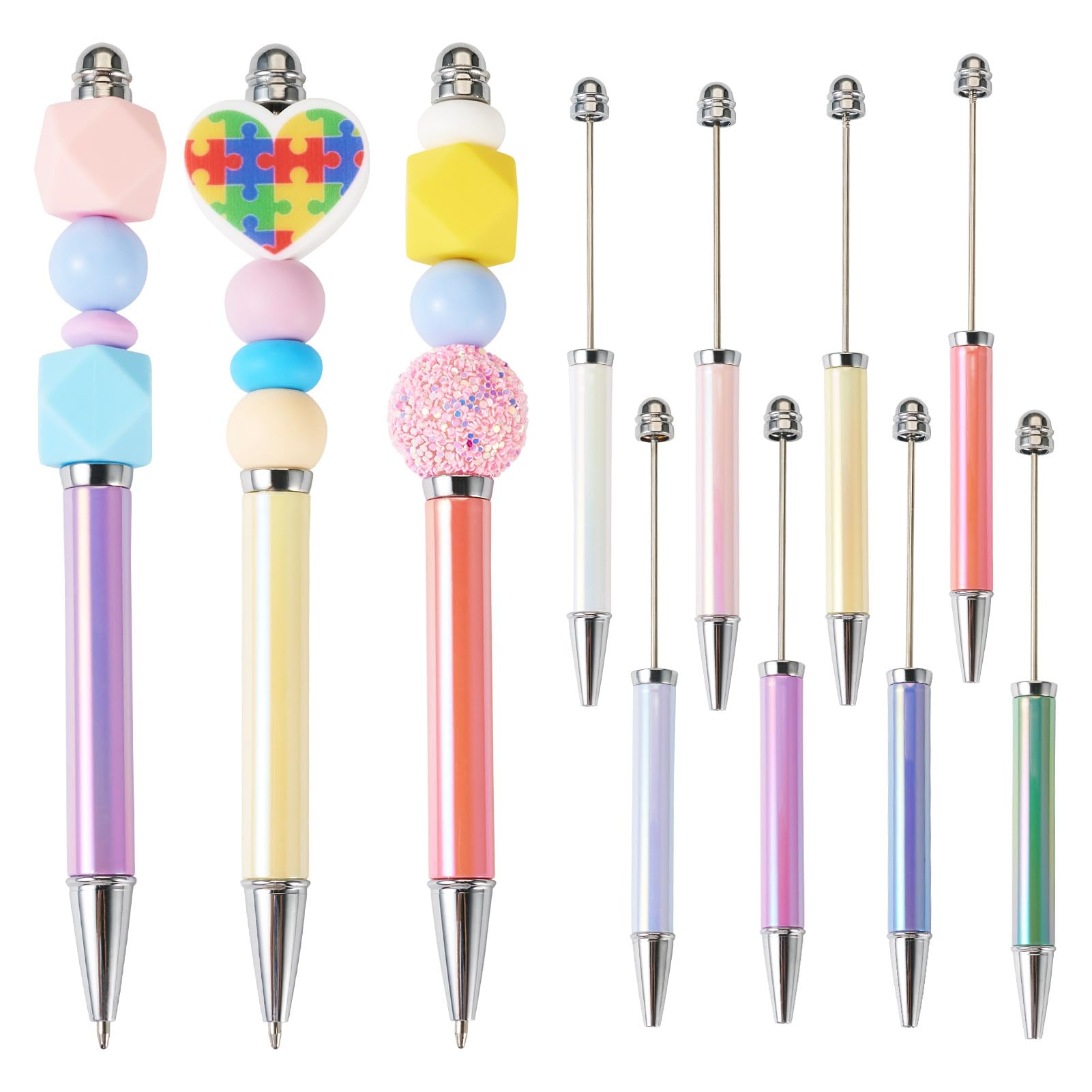 Spritewelry 8 Pcs Beadable Pens Colorful UV Holographic Ball-Point Pens 8 Colors DIY Plastic Beaded Pens Shaft Black Ink Ballpoint Pens Bead Pen for DIY Pen Decorations Supplies Office School