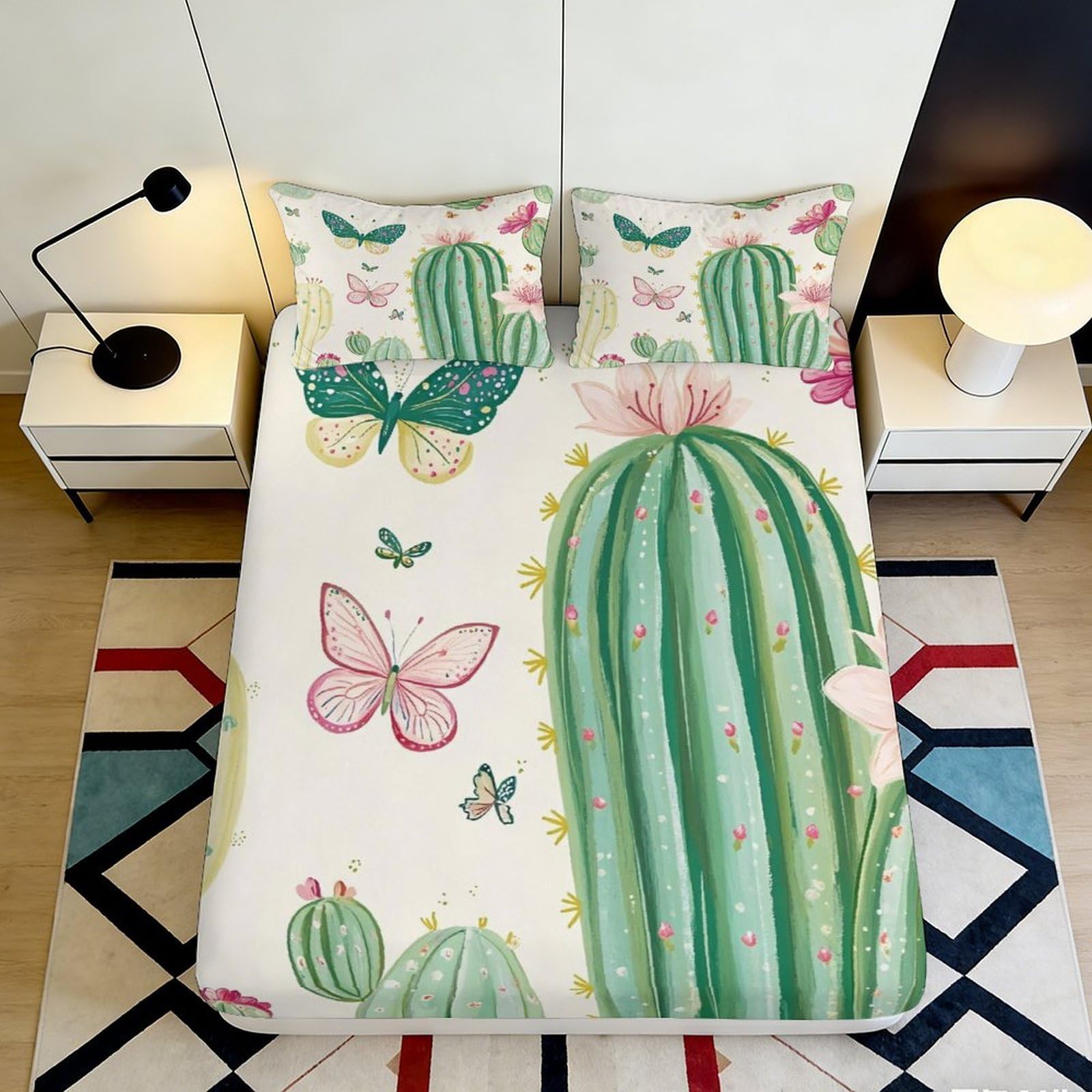 Uynsixtme Style-4 3D Printed Cactus Butterfly Fitted Sheet Microfiber Deep Pocket Bedroom Bedding Set Elastic All-Age Non-Slip Mattress Fitted Cover 200X200x25cm
