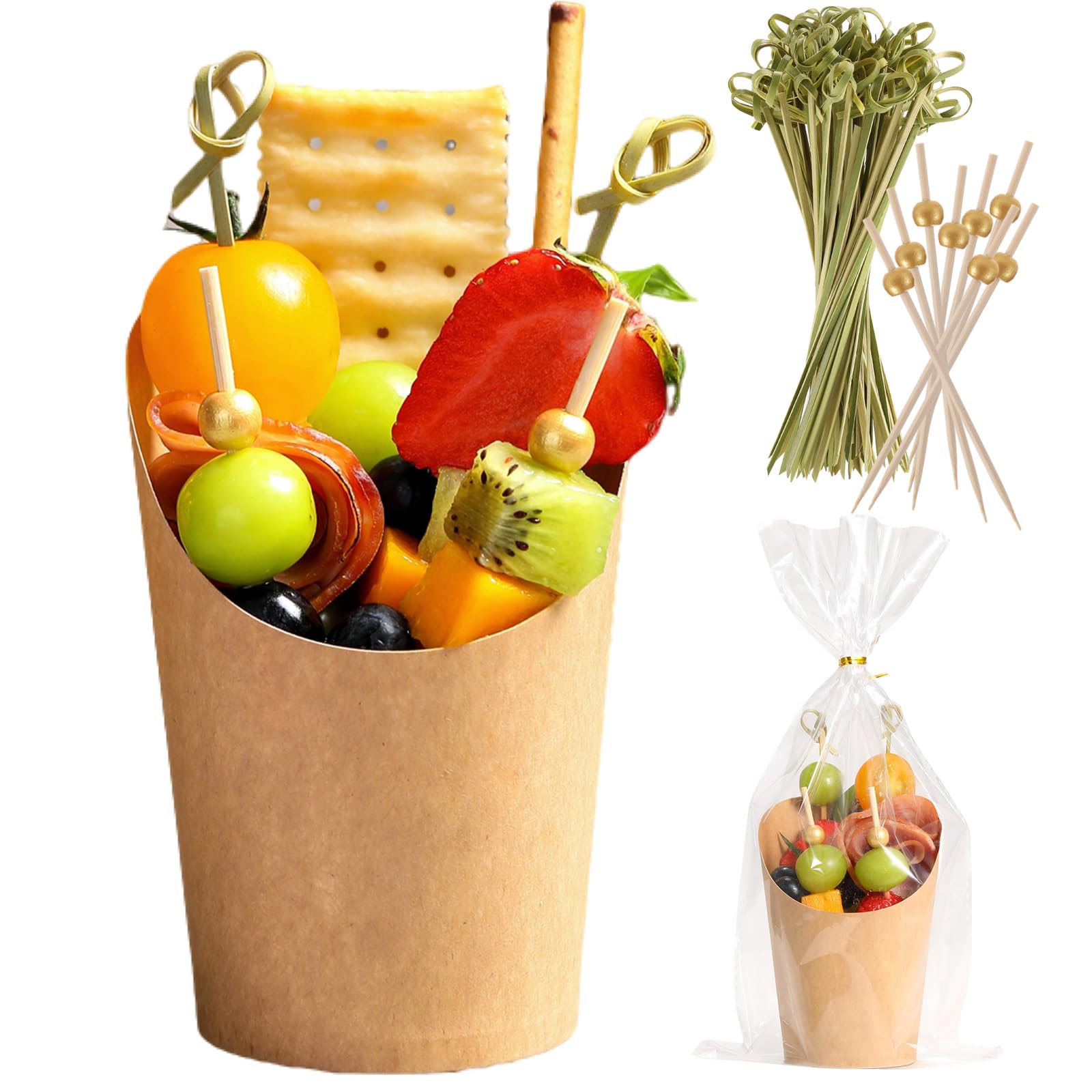 60 Sets Disposable Charcuterie Cups with Sticks and Bags, 14 oz Brown