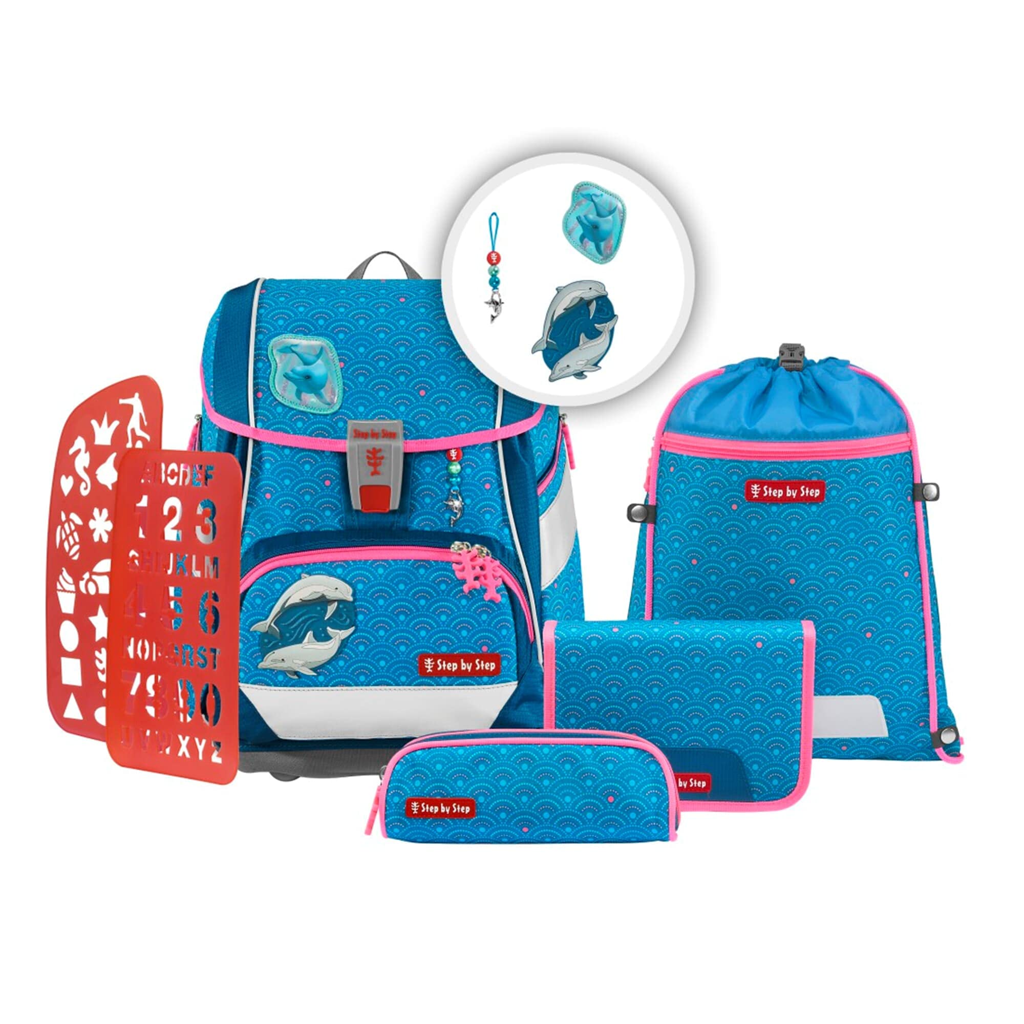 Step by Step Juego de mochila escolar 2 en 1 Plus, 6 piezas, macuto ergonómico con reflectores, altura regulable con cinturón de cadera, a partir de la primera clase, 19 l, Dolphin Pippa -