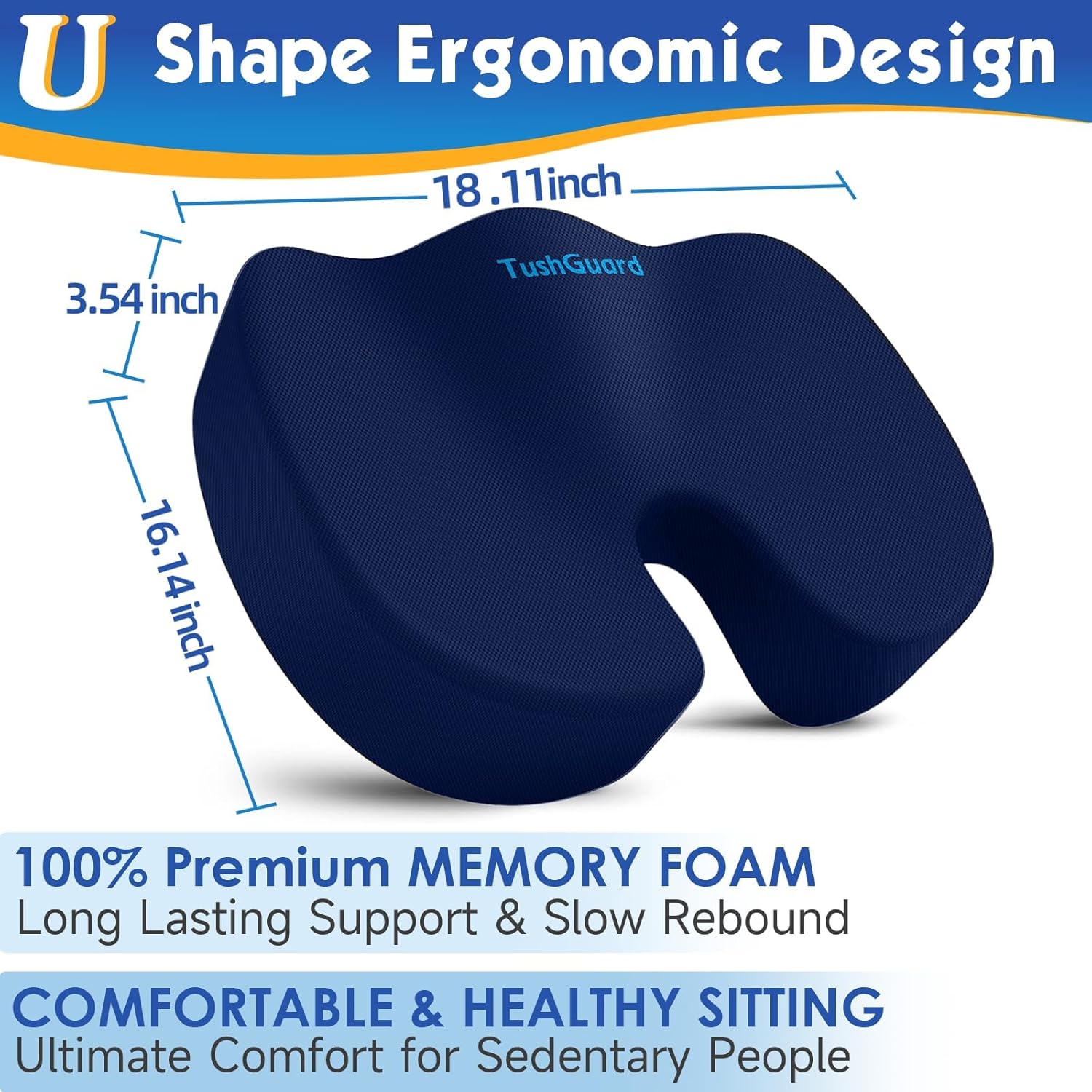 TushGuard Seat Cushion for Office Chair Memory Foam Non-Slip Cushion Back, Coccyx, Sciatica, Tailbone Pain Relief Butt Pillow for Office Chair, Car, Wheelchair, Blue, X-Large
