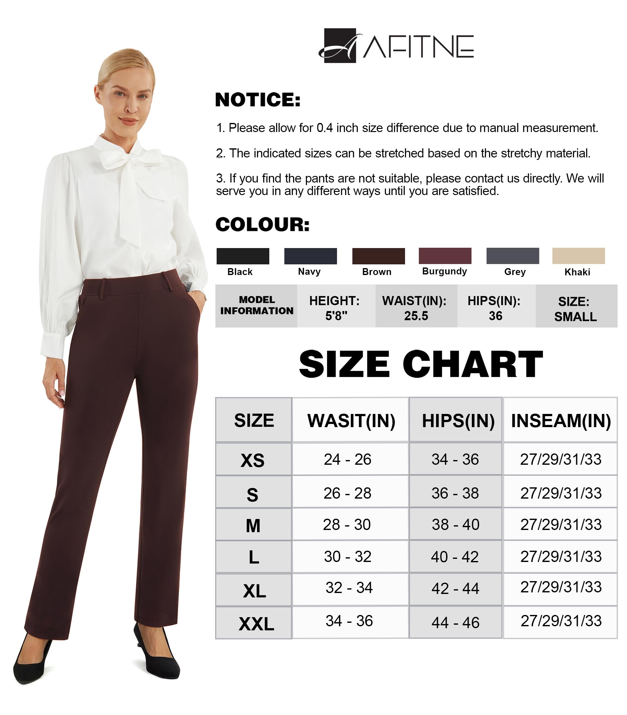 AFITNE Dress Pants for Women Business Casual Stretchy Straight Leg Petite Work Pants Yoga Dress Slacks High Waisted with Pockets Brown 27" L
