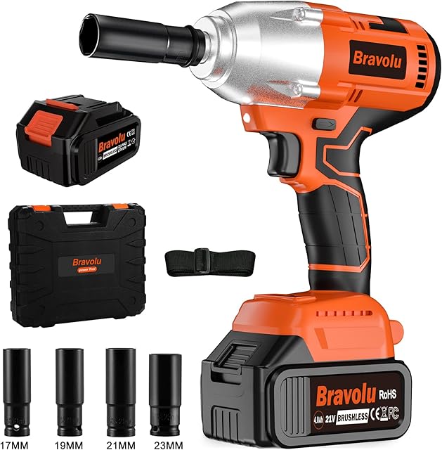 Bravolu Cordless Impact Wrench, High Torque MAX 520 Ft-lbs (700N.m) Wrench, 21V Power Impact Wrench Brushless Motor, 1/2" Chuck, 4.0Ah Li-ion Battery, 4Pcs Impact Sockets
