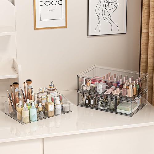 Miniatura 5 de Organizador de maquillaje apilable transparente con cajón, cajones de almacenamiento de acrílico de 12 pulgadas de ancho, vitrina de cosméticos para