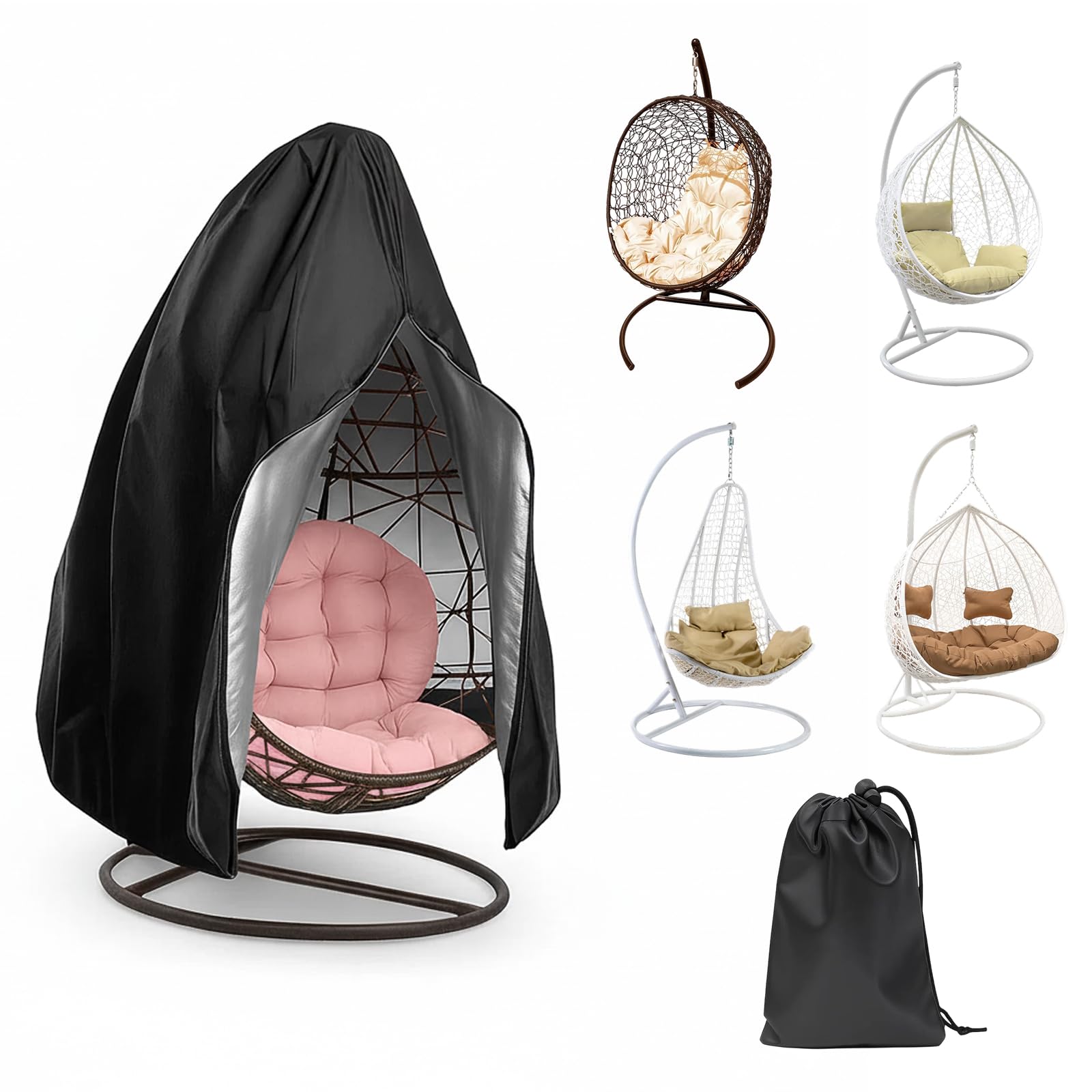 Egg Chair Cover, 210D Egg Chair Covers Waterproof, Patio Hanging Egg Chair Cover Waterproof with Zipper, UV-Anti Garden Swing, Includes Storage Bag,190×115cm, Black