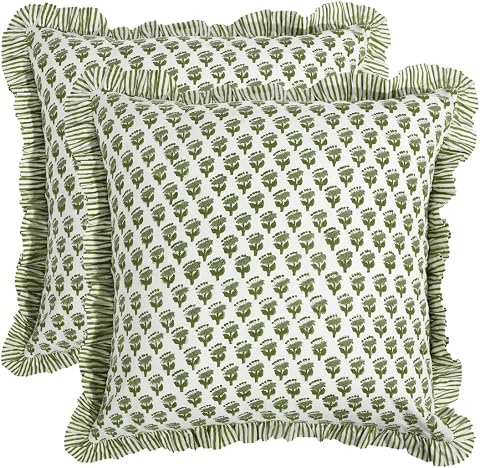 CPC Emerald Green Block Print Ruffle Pillow Covers, 18 x 18 Inch, Set of 2