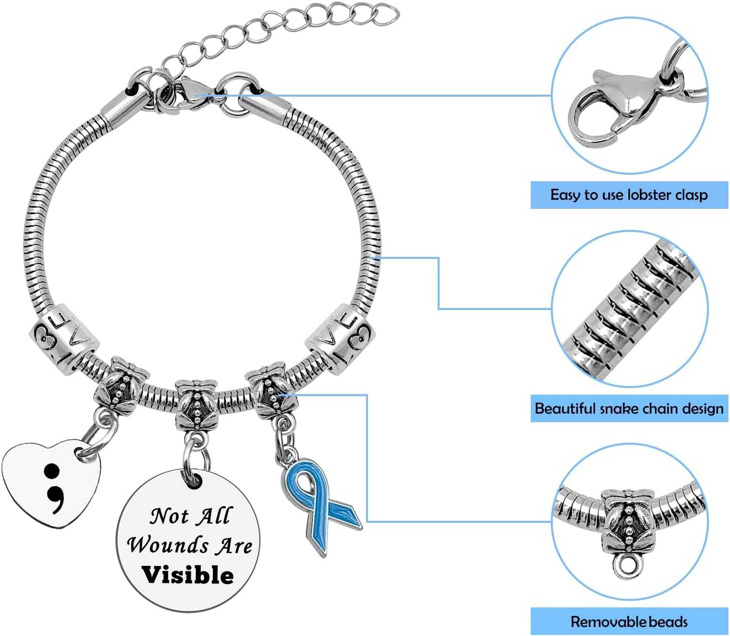 Semicolon Gift Mental Health Gifts for Women Bracelet PTSD Awareness Ribbon Bracelet Depression Awareness Gift Inspirational Jewelry for Friend Mom Sister Cancer Recovery Gifts - Image 6