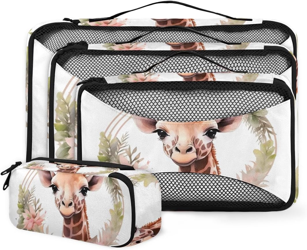 Funny Giraffe Art 4 Set Packing Cubes Packing Cubes for Women Lightweight Travel Essential Bag Clothes Carry on Suitcase Bags for Accessories Essentials